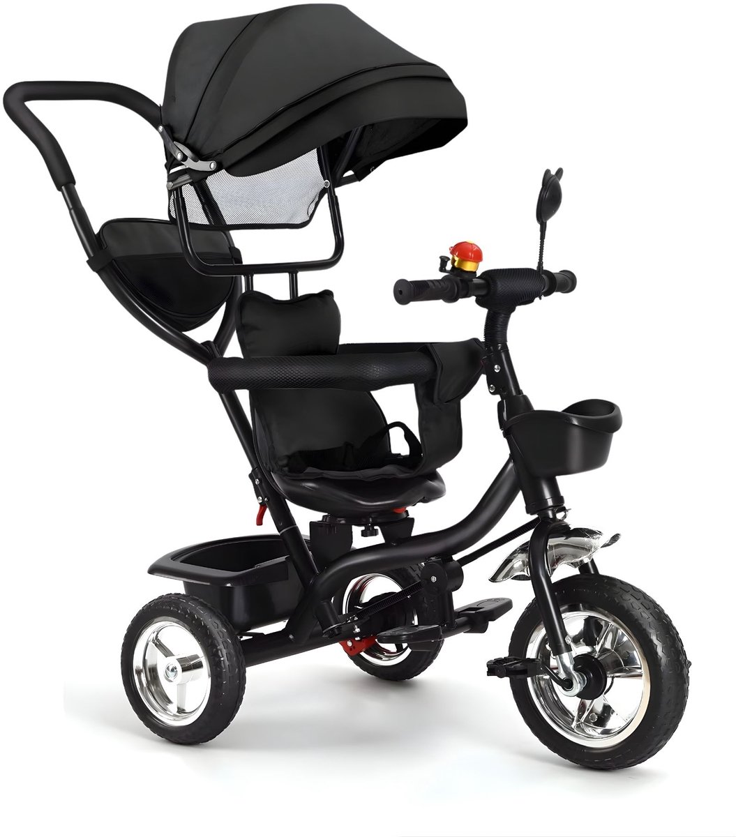 Driewieler Kinderfiets - Verstelbaar met Duwstang en Opbergmand - voor baby's en kinderen 1-5 jaar - Zwart - Grijs Driewieler kopen online