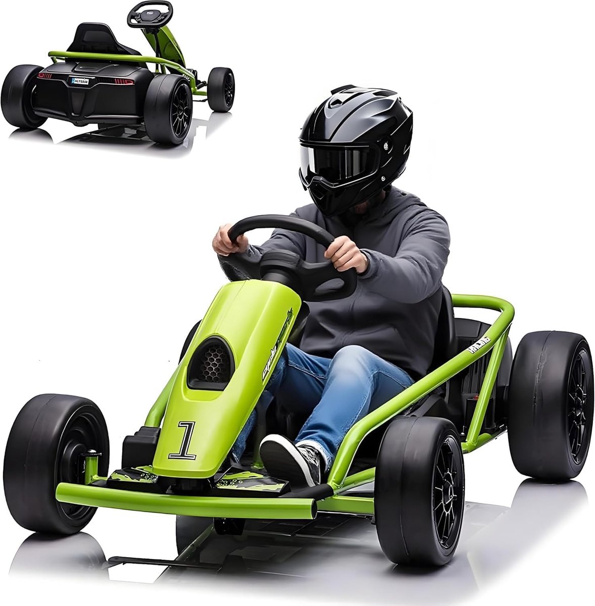 Elektrische kart voor kinderen 24 V – Elektrische auto met driftfunctie – 2 krachtige motoren van 300 W – Zachte start, muziek en claxon, volledig metalen frame – Voor kinderen van 8 tot 12 jaar – Groen Speelgoedaccuvoertuig kopen online