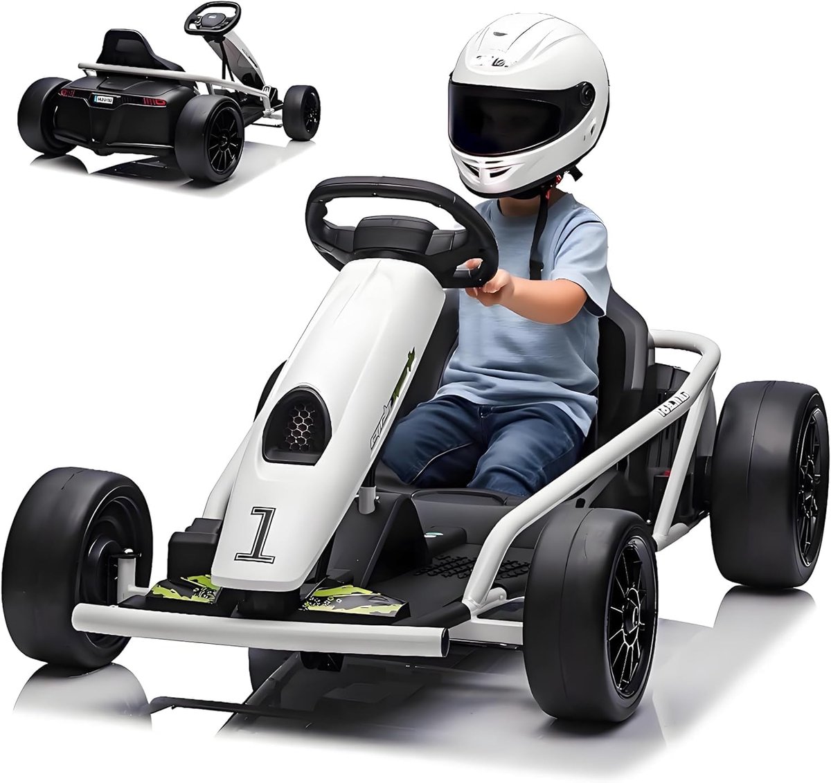 Elektrische kart voor kinderen 24 V – Elektrische auto met driftfunctie – 2 krachtige motoren van 300 W – Zachte start, muziek en claxon, volledig metalen frame – Voor kinderen van 8 tot 12 jaar – Wit Speelgoedaccuvoertuig kopen online
