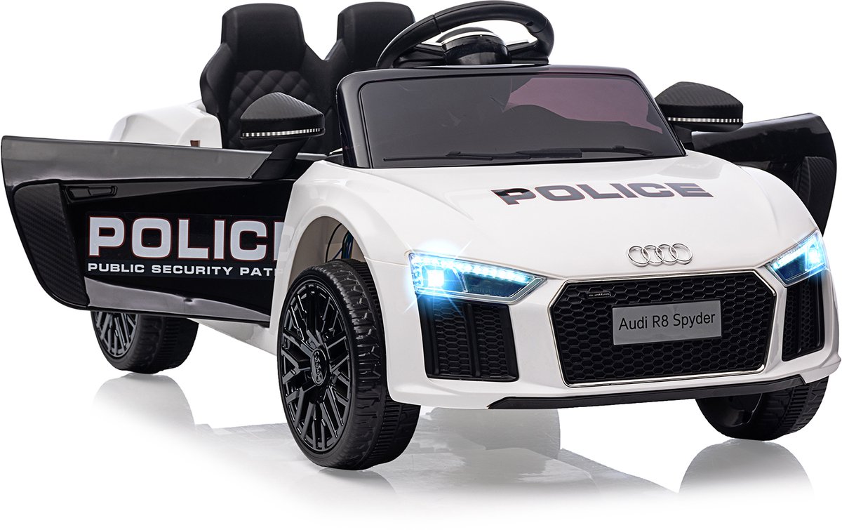 elektrische kinderauto audi r8 politieauto 6v ride on politie auto met 2 motoren elektrisch auto met sirene led verlichting afstandsbediening wit zwart