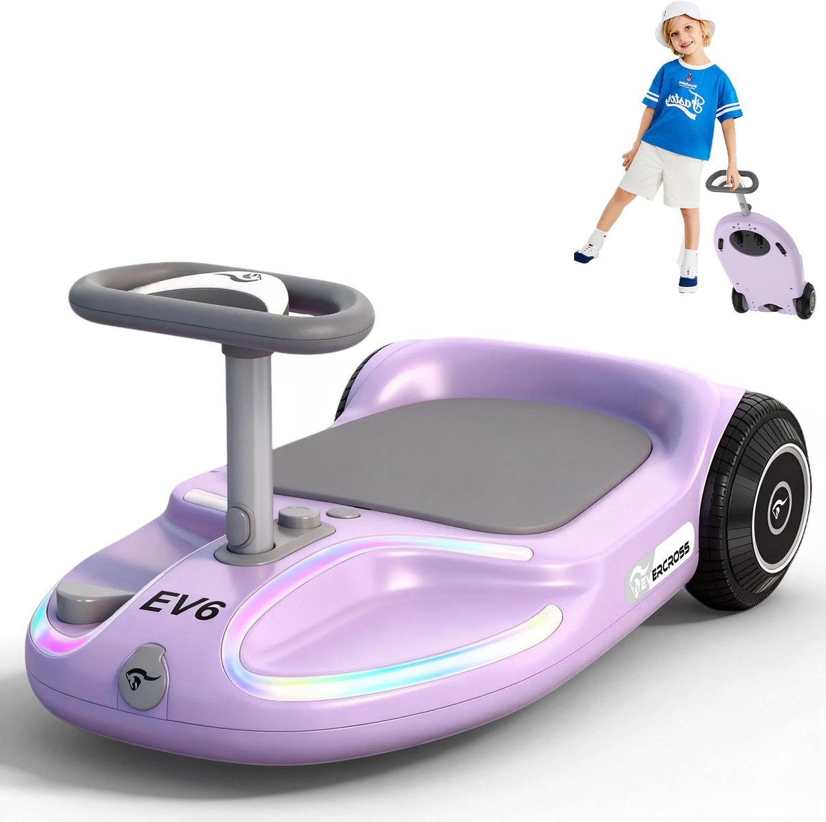 evercross elektrische wiggle car voor kinderen 4 in 1 loopauto met pedaal 90w motor 3 snelheden 360 besturing led verlichting bluetooth opvouwbaar