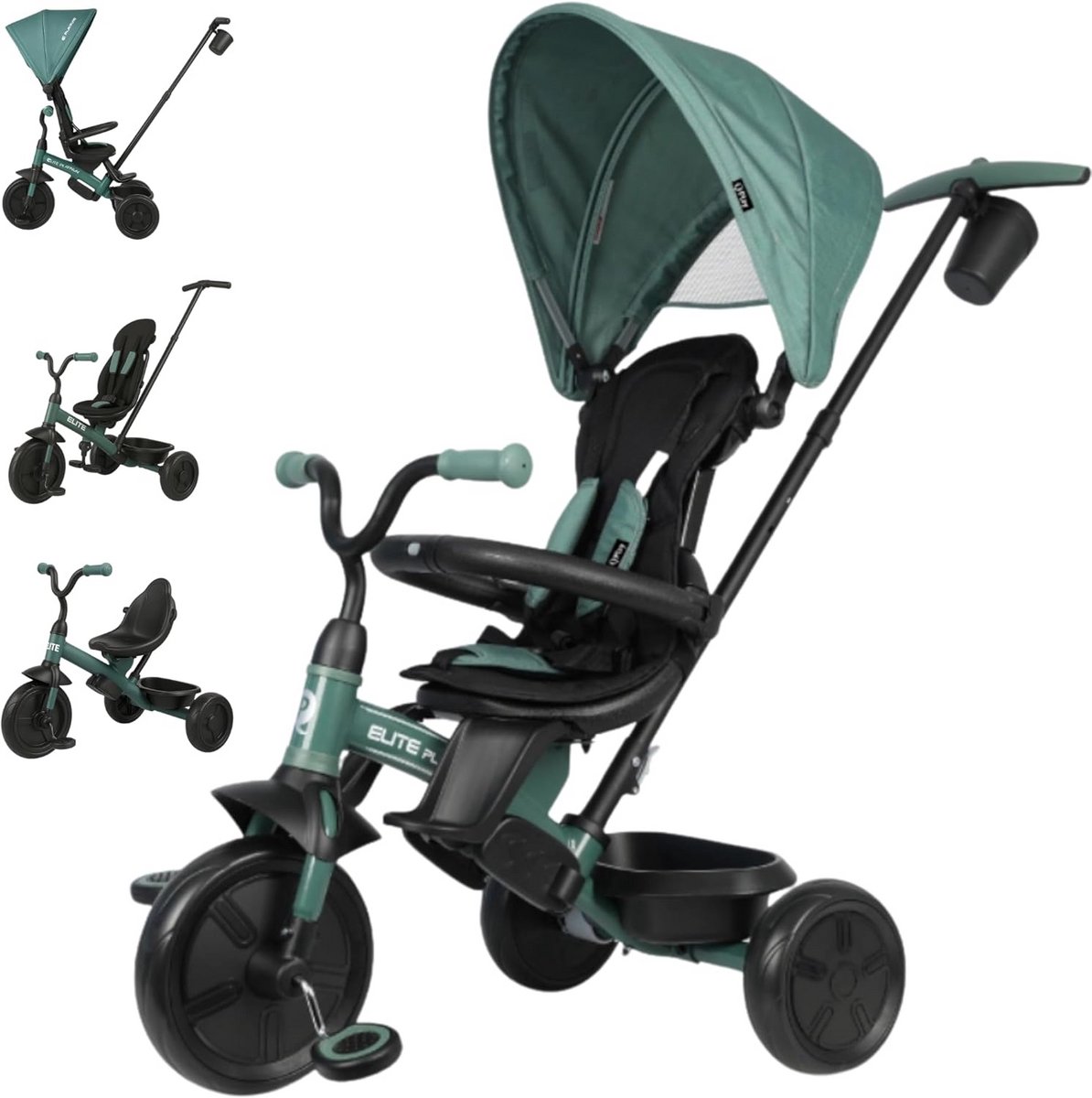 evolutionaire driewieler kinderdriewieler met duwstang kindermobiliteit 360 graden draaibare zitting 6 in 1 modus groen
