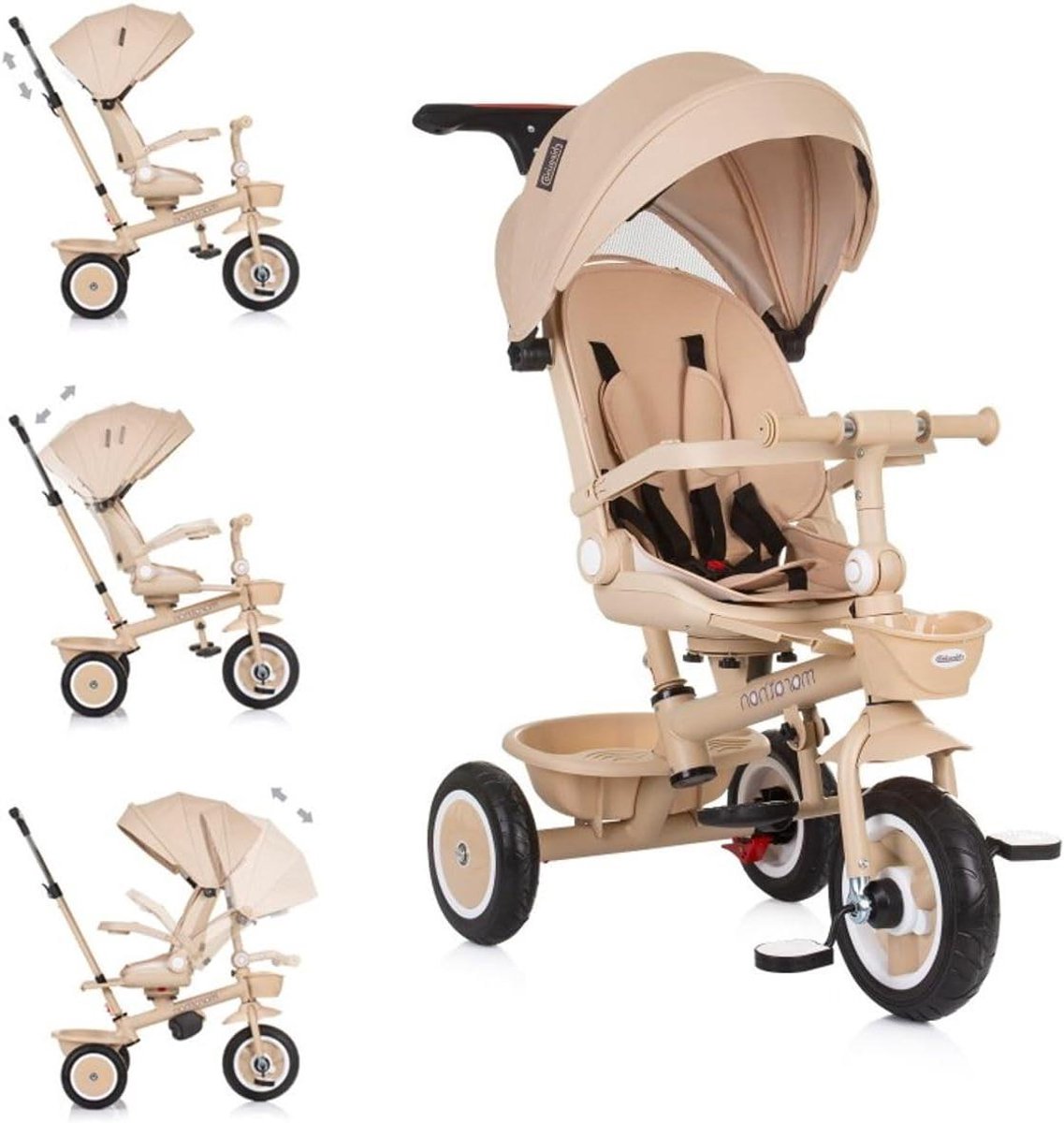 kinderdriewieler loopfiets buiten spelen omkeerbaar zitje 92 cm lang beige