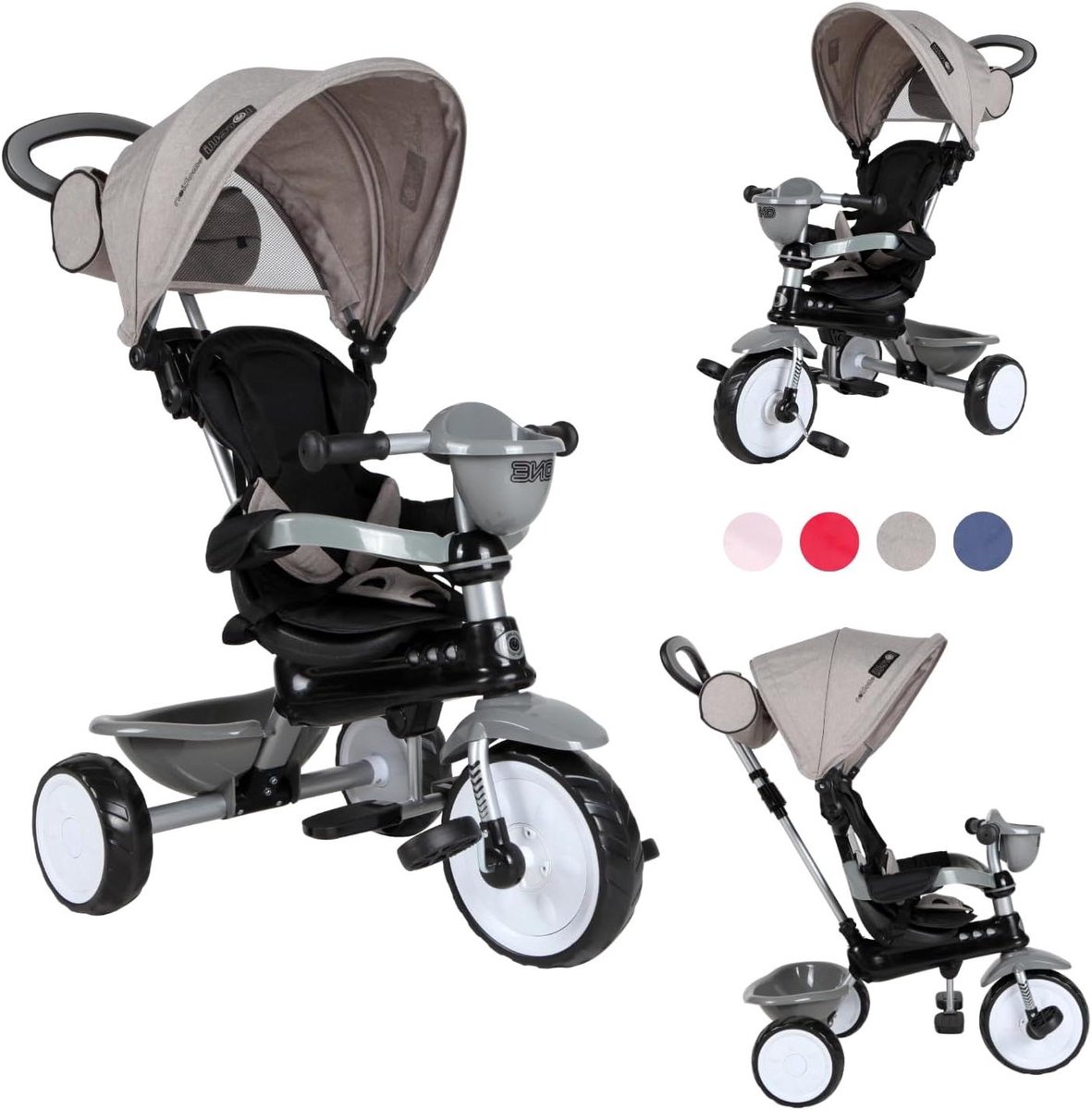 kinderdriewieler loopfiets buiten spelen verstelbare duwstang 75 cm grijs