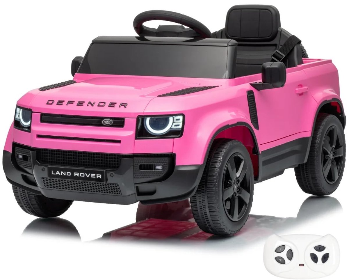 land rover defender 90 elektrische kinderauto 12v 1 tot 5 jaar accuvoertuig met afstandsbediening eva wielen 3 puntsgordel accuvoertuig met werkende deuren mp3 speler roze