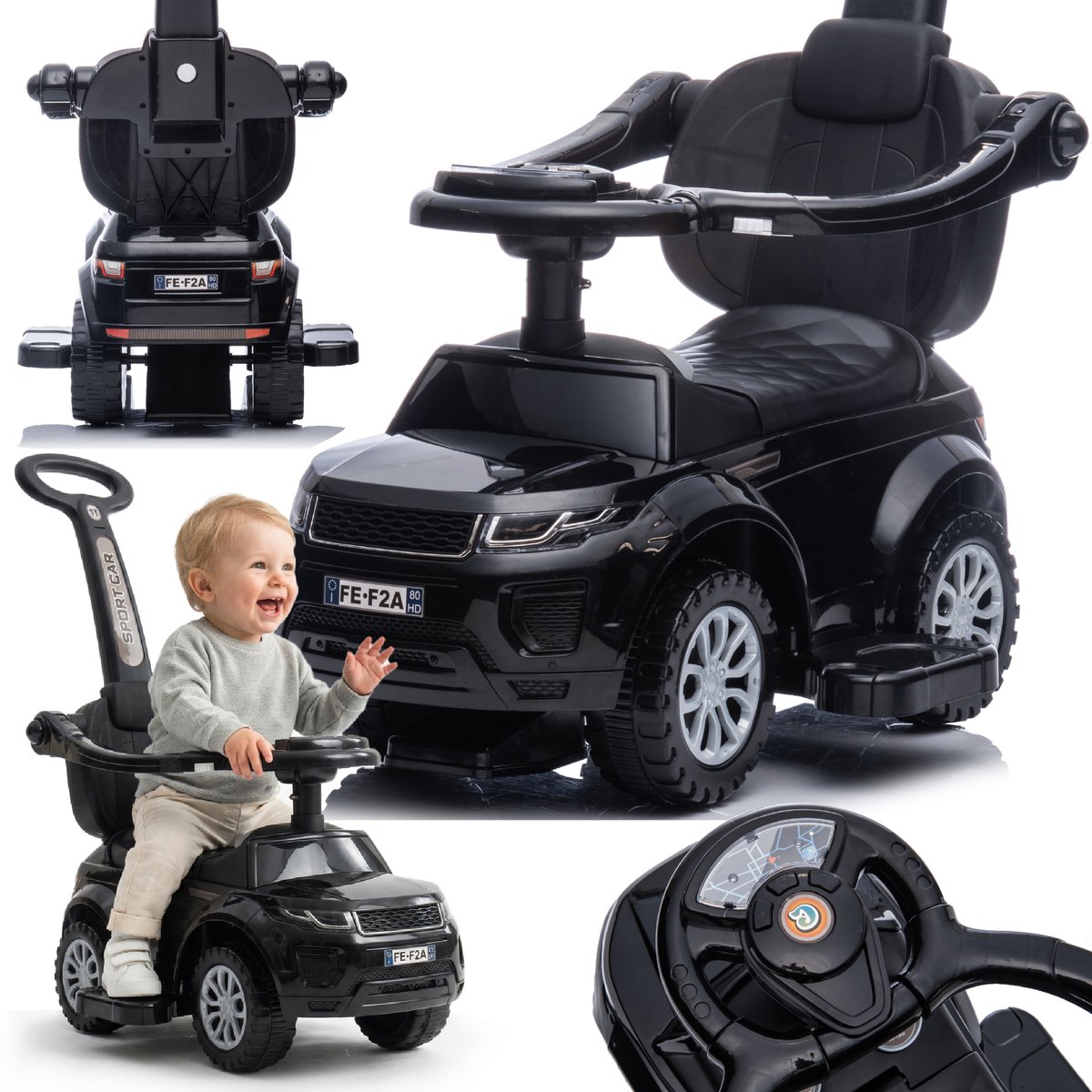 loopauto kinderauto schuifauto vanaf 1 jaar en duwauto met claxon en muziek opbergruimte onder de zitting zwart