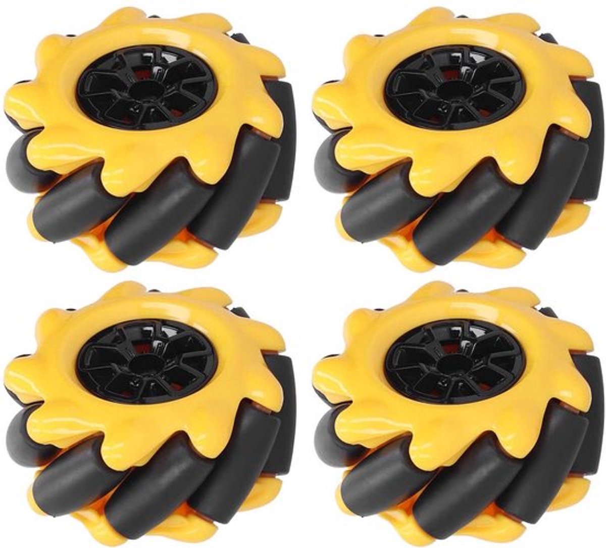 mecanum wiel omnidirectioneel rubber bekleed 48mm 2 paar geel zwart schokbestendig robotwiel