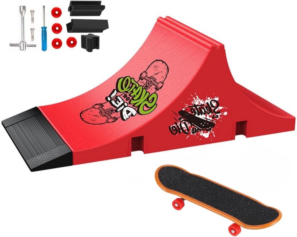 mini skatepark set vinger skateboard praktische vaardigheden doe het zelf montage 19 cm lengte rood