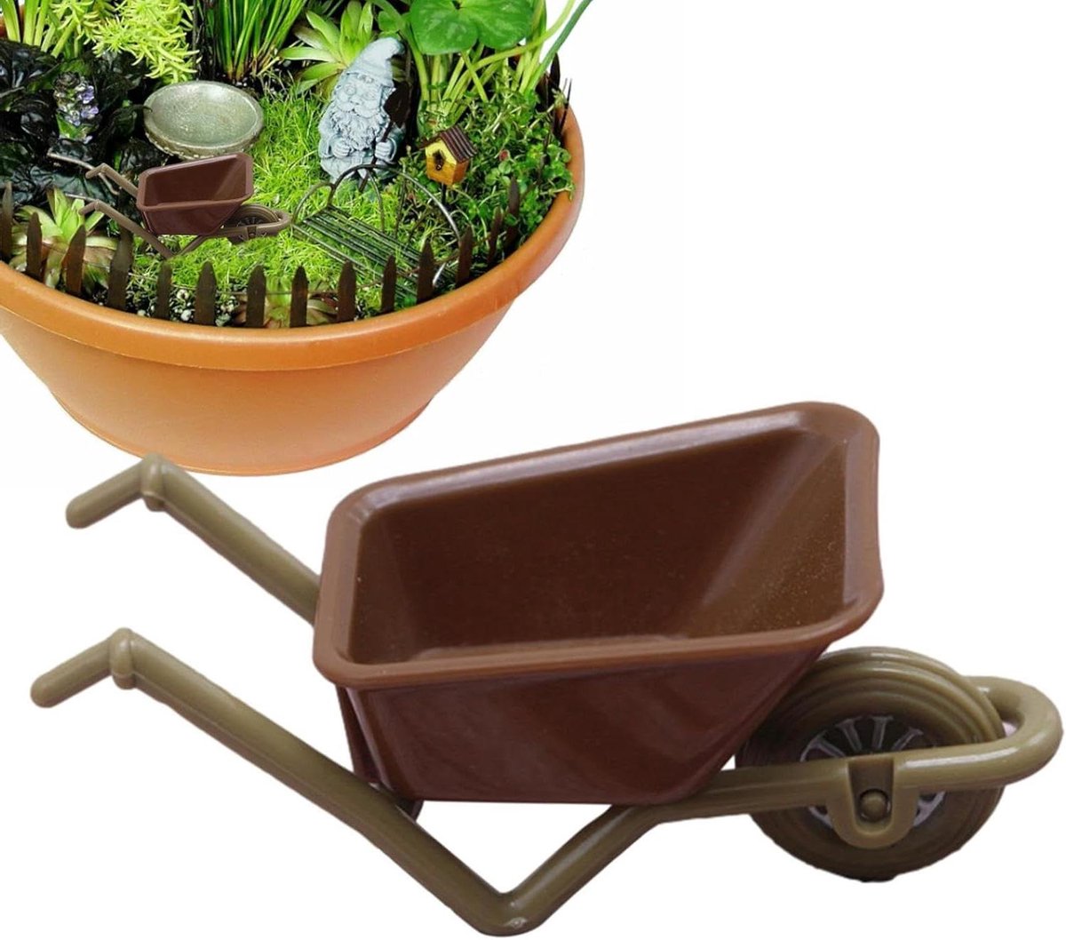 miniatuur kruiwagen speelgoed karretje decoratie aanleggen duurzaam abs materiaal 10 x 6 x 5 cm bruin