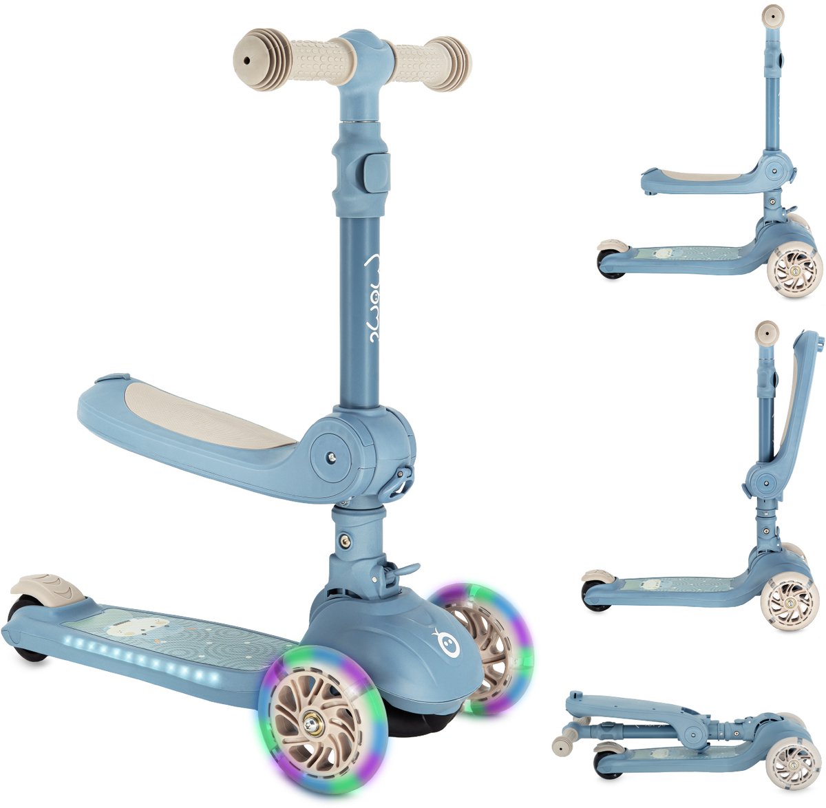 MoMi DEBE - 2-in-1 Kinderstep met Zitje - Opvouwbaar - LED Wielen - Verlicht Deck - Blauw Step kopen online