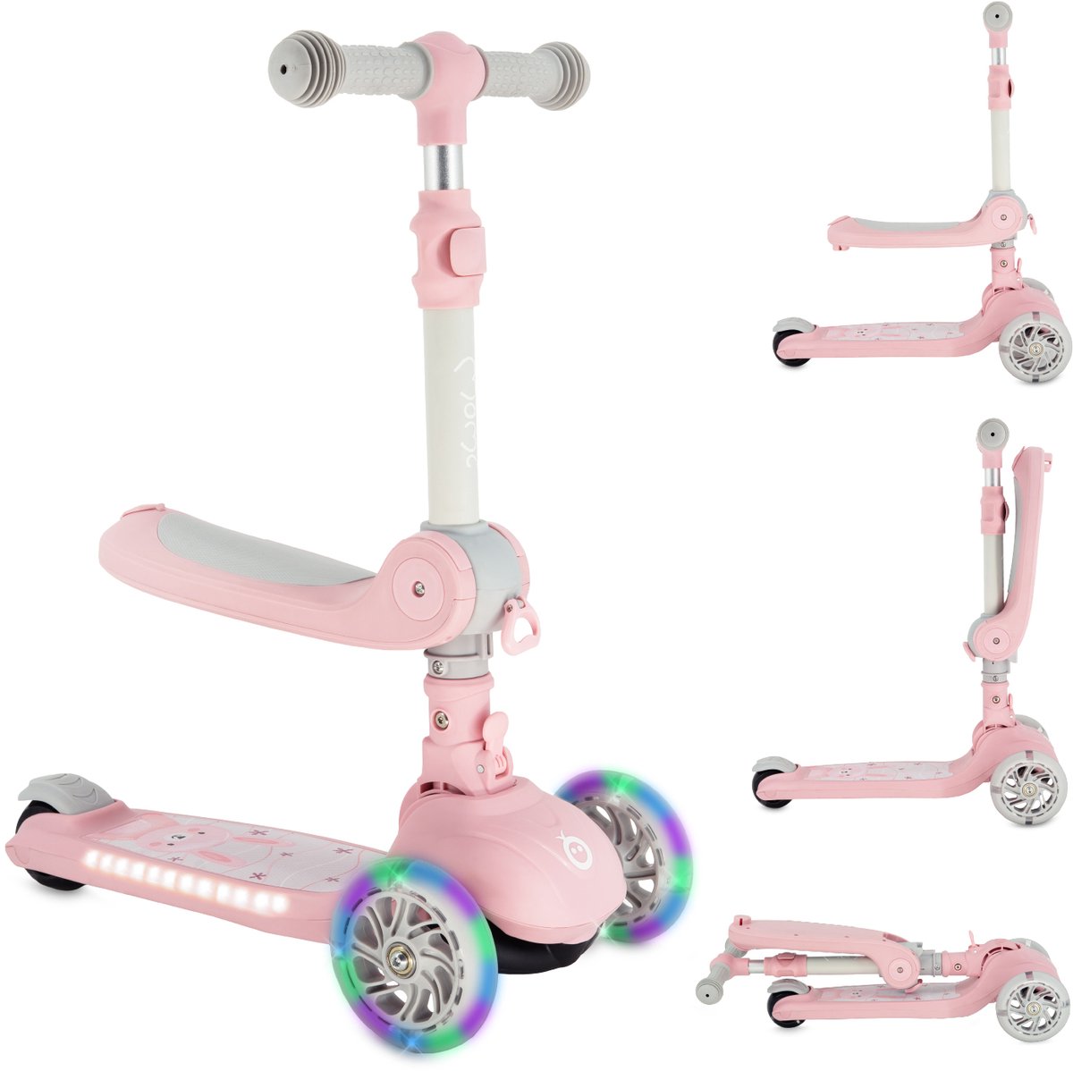 momi debe 2 in 1 kinderstep met zitje opvouwbaar led wielen verlicht deck roze
