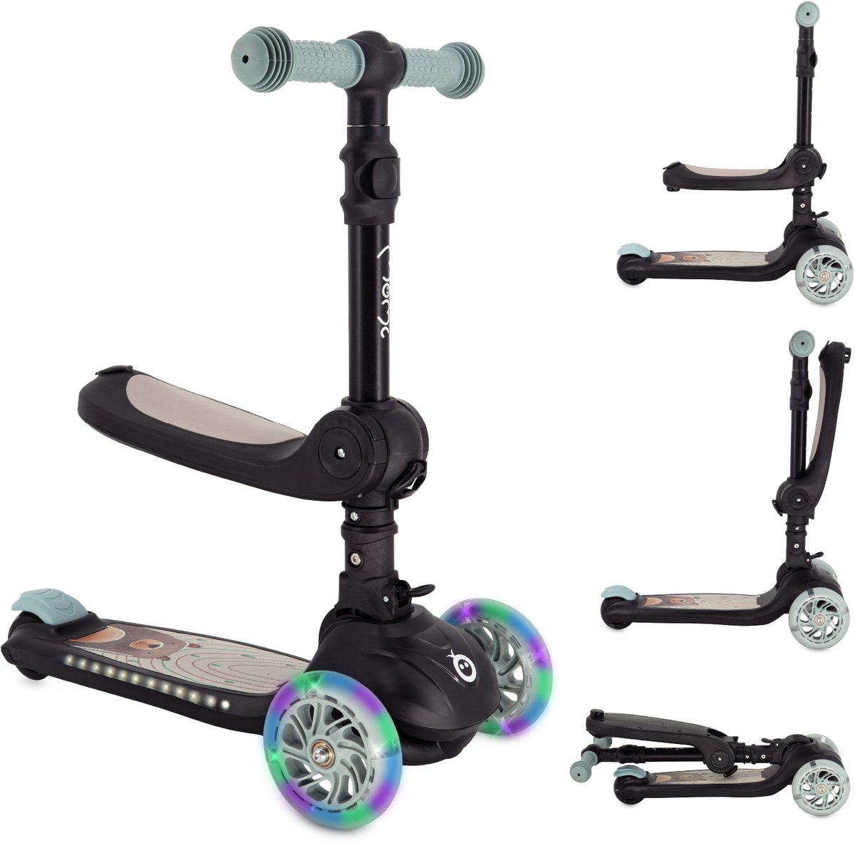 MoMi DEBE - 2-in-1 Kinderstep met Zitje - Opvouwbaar - LED Wielen - Verlicht Deck - Zwart Step kopen online