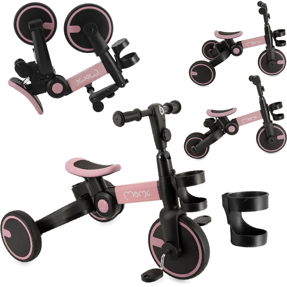 momi filo 3 in 1 kinderfiets loopfiets driewieler loopauto opvouwbaar met pedalen roze