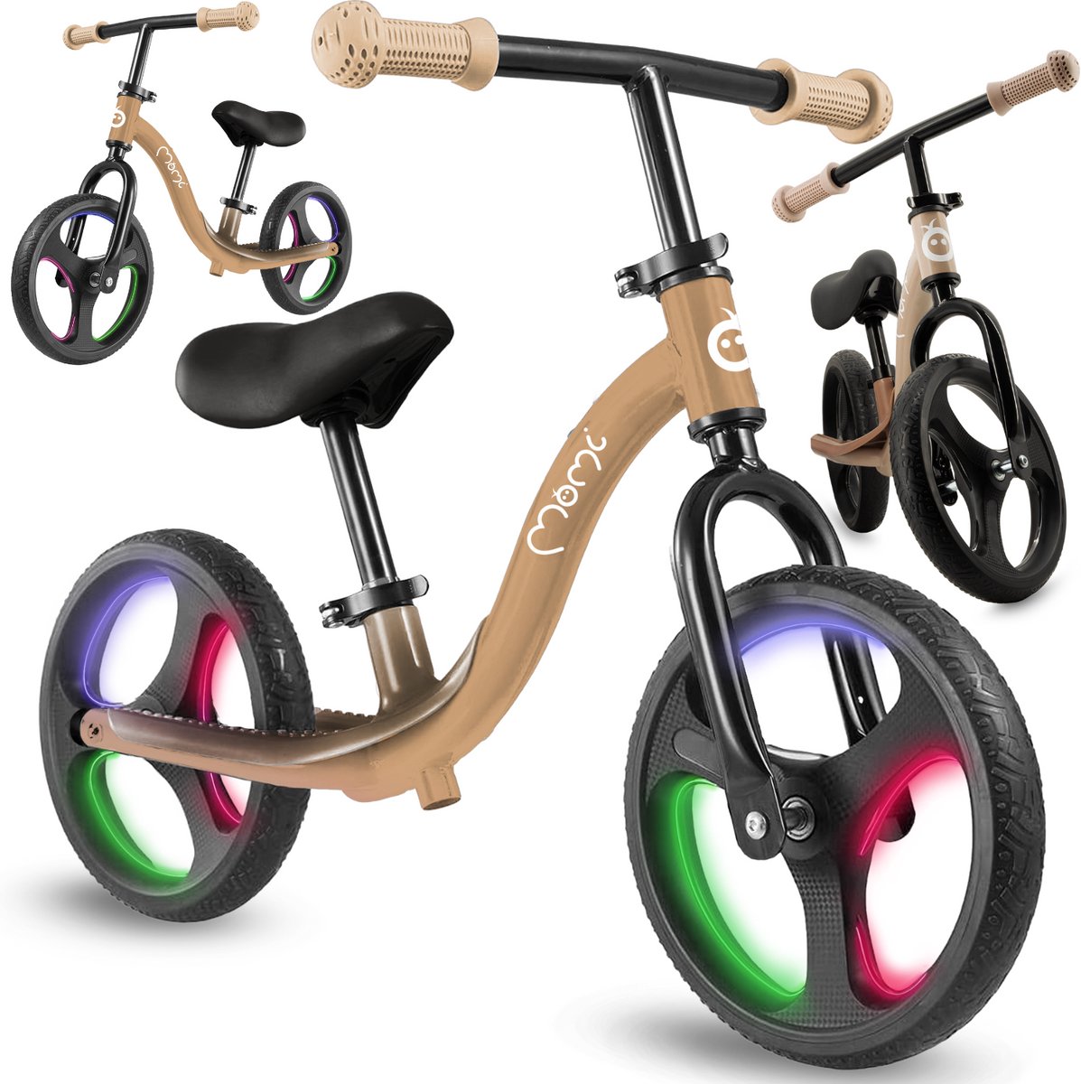 momi isoka loopfiets met led wielen verstelbaar zadel en stuur zonder pedalen beige