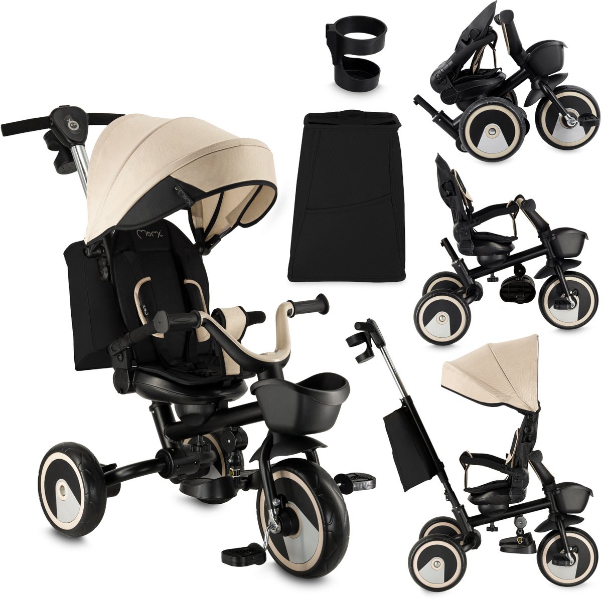 MoMi IVI - Driewieler met Duwstang - Omkeerbare Zitting - Opvouwbaar - Beige Driewieler kopen online
