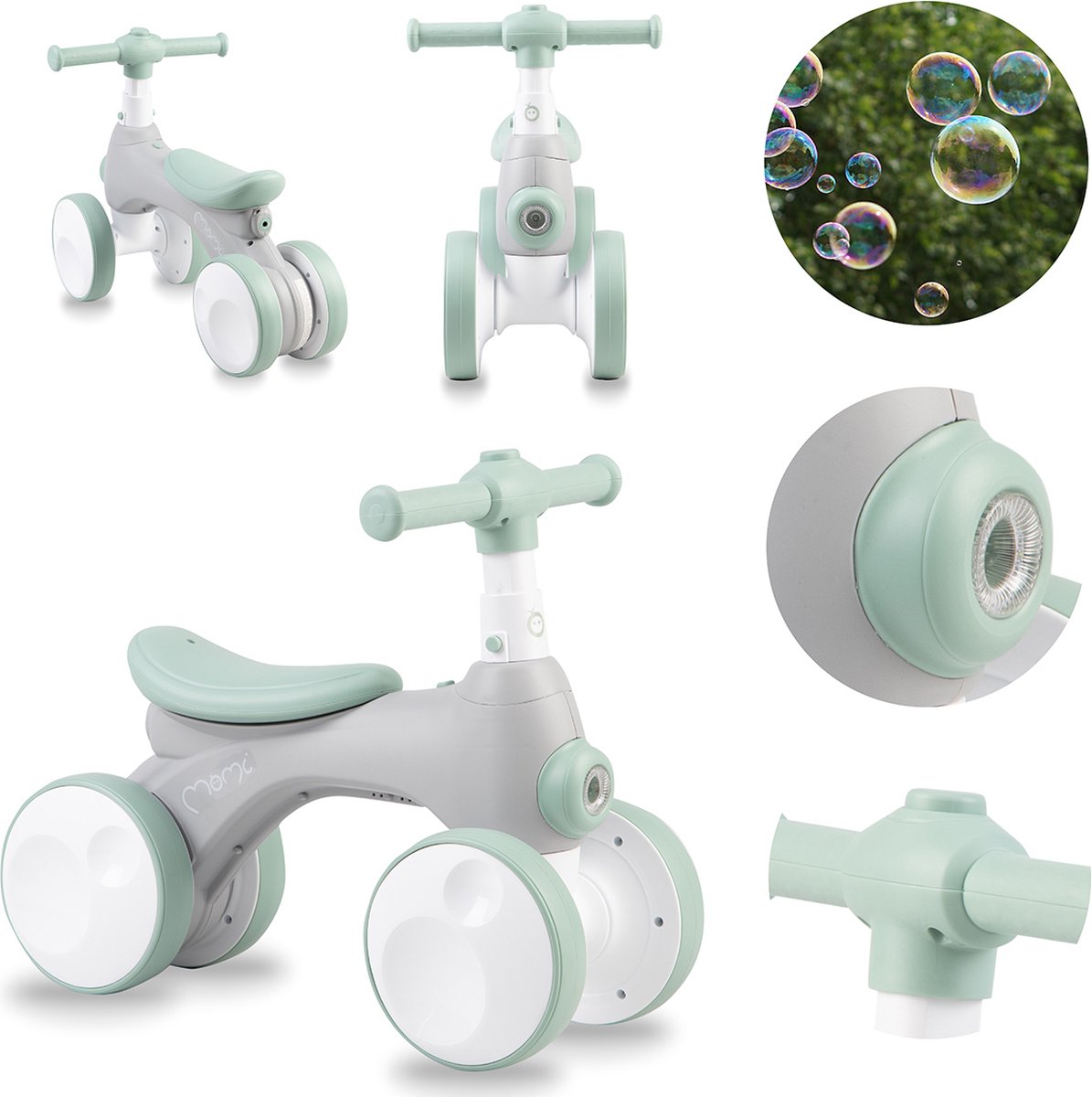 momi tobis loopfiets balance bike met bellenblaas licht claxon 18 maanden tot 3 jaar grijs
