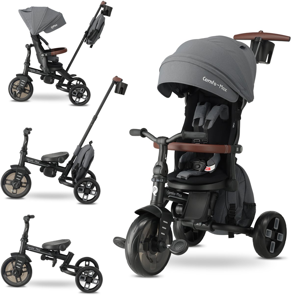 qplay driewieler met duwstang 7 in 1 peuterfiets 10 tot 72 maanden grijs