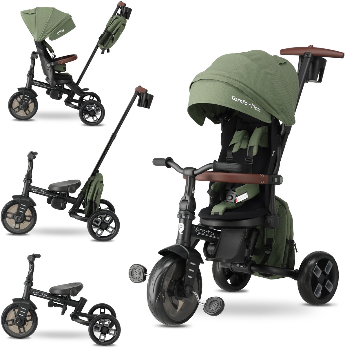 qplay driewieler met duwstang 7 in 1 peuterfiets 10 tot 72 maanden groen