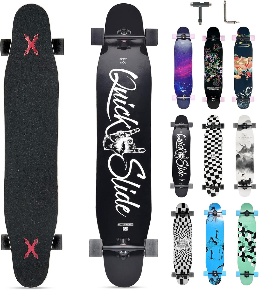 Skateboard - Longboard - Straat cruisen - 8-laags esdoorn dek - 106 cm - Zwart wit Skateonderdeel kopen online
