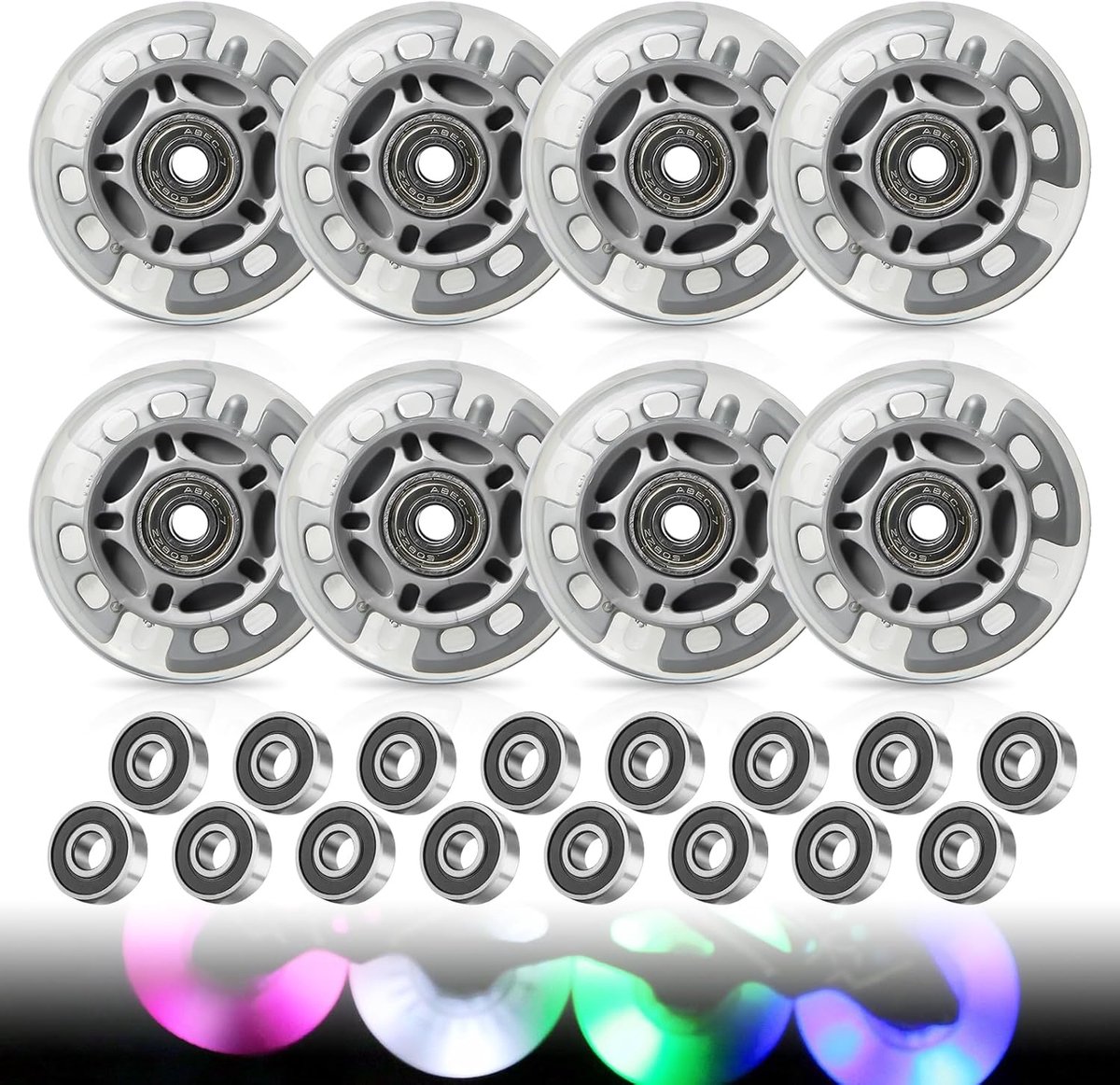 Skeelerwielen Set - Roller Wheels - Buitensport Plezie - LED Verlichting - 72mm 8 Stuks - Zilver Transparant Skateonderdeel kopen online