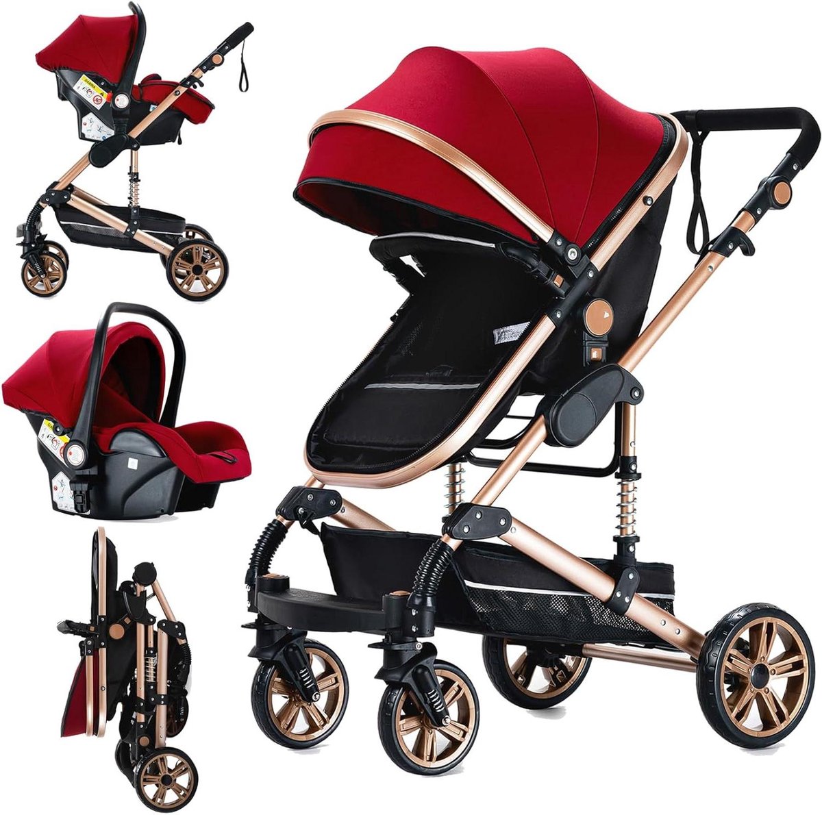 Trio Kinderwagen - 3-in-1 kinderwagen Wandelwagen - Baby Vervoeren - Aluminium Frame - 82 x 61 x 105 cm - Rood Driewieler kopen online