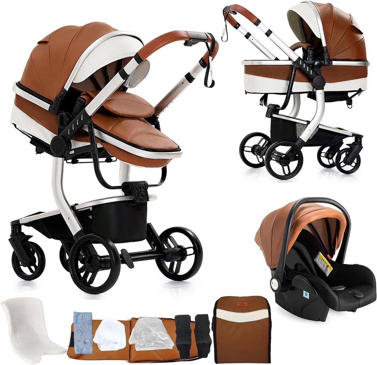 Trio Kinderwagen - 3-in-1 Reiswieg - Baby Vervoer - Dubbele Duwmodus - 83 x 62 x 106 cm - Khaki Driewieler kopen online