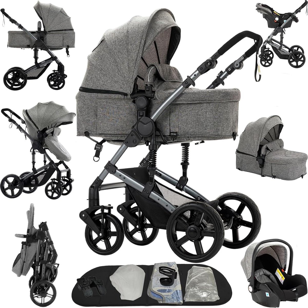 Trio Kinderwagen - 3-in-1 Reiswieg - Veilig Vervoer - Twee Duwopties - 82 x 61 x 105 cm - Grijs Driewieler kopen online