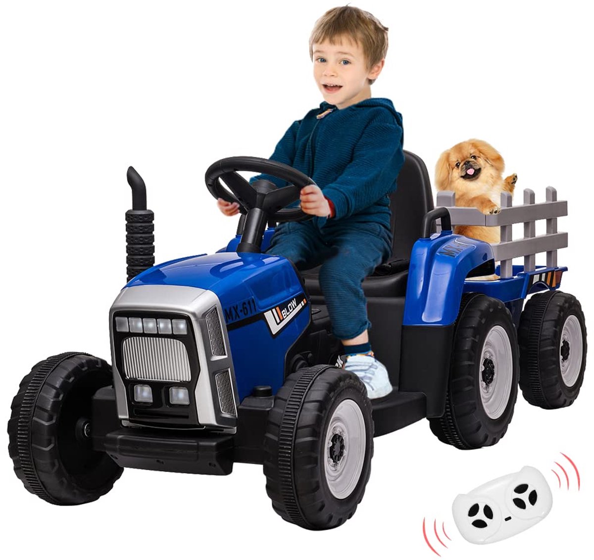 triumpunpre elektrische kindertractor 12v met afneembare aanhanger afstandsbediening bluetooth led verlichting geschikt vanaf 3 jaar blauw