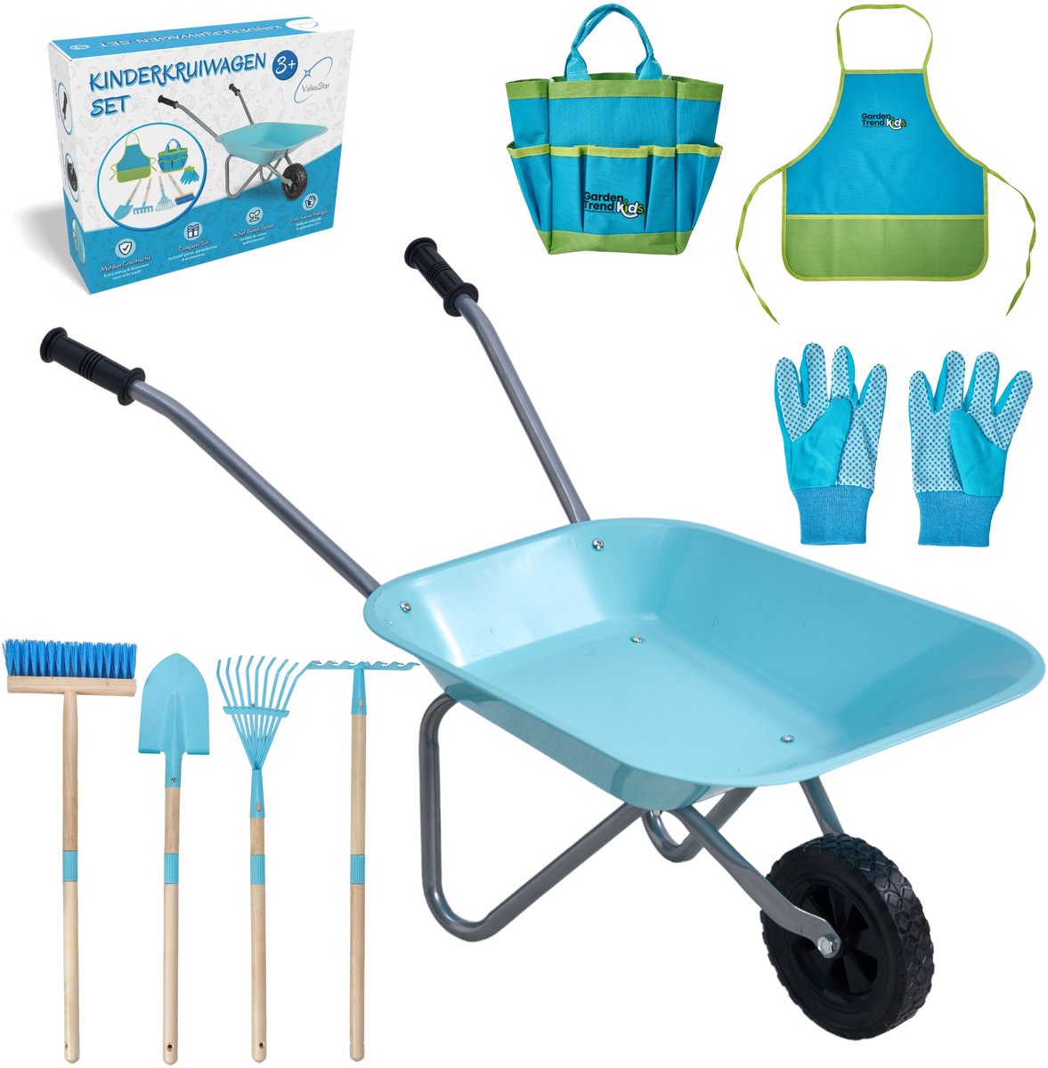 valuestar kinderkruiwagen set tuinierset speelgoed kindertuingereedschap kinderkruiwagen met tuingereedschap metaal blauw