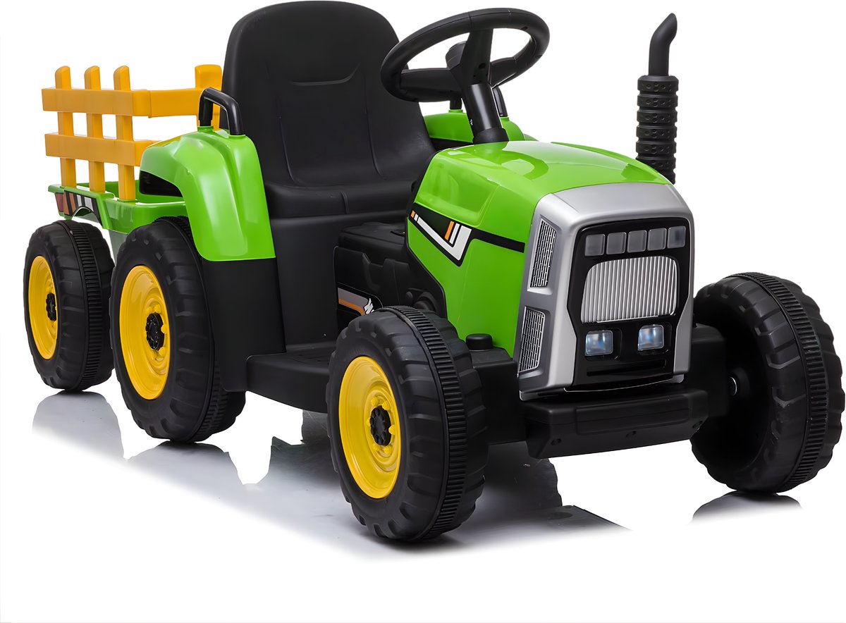12V elektrische tractor - Elektrische tractor met aanhanger, afstandsbediening, 7 LED-koplampen en MP3-speler - Groen Slee kopen online