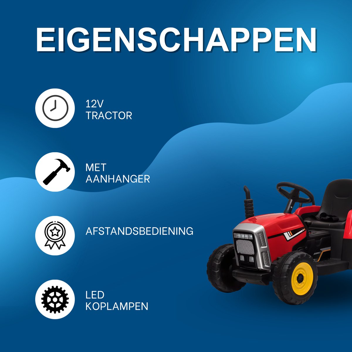 12V elektrische tractor - Elektrische tractor met aanhanger, afstandsbediening, 7 LED-koplampen en MP3-speler - Rood Slee kopen online