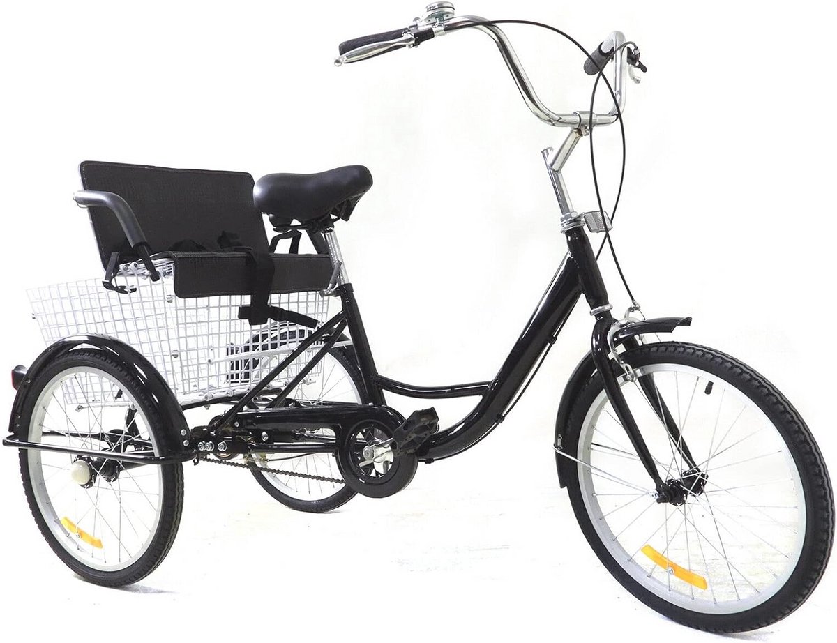 20 inch driewieler voor volwassenen met kinderzitje en boodschappenmand comfortabel en stabiel