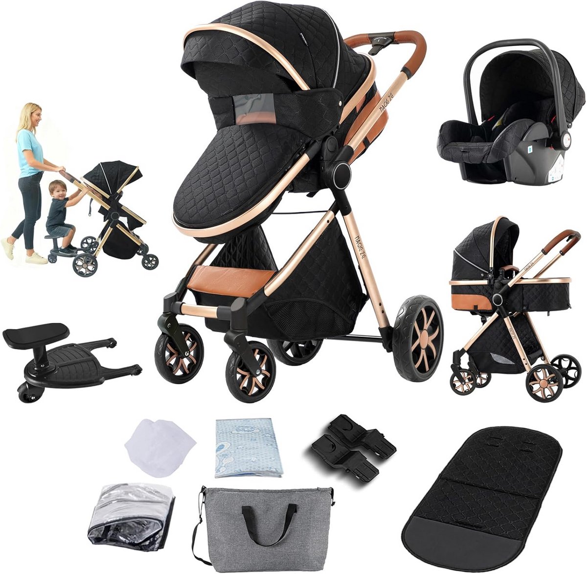 3 in 1 baby kinderwagen met omkeerbare zitstand en inklapbaar frame