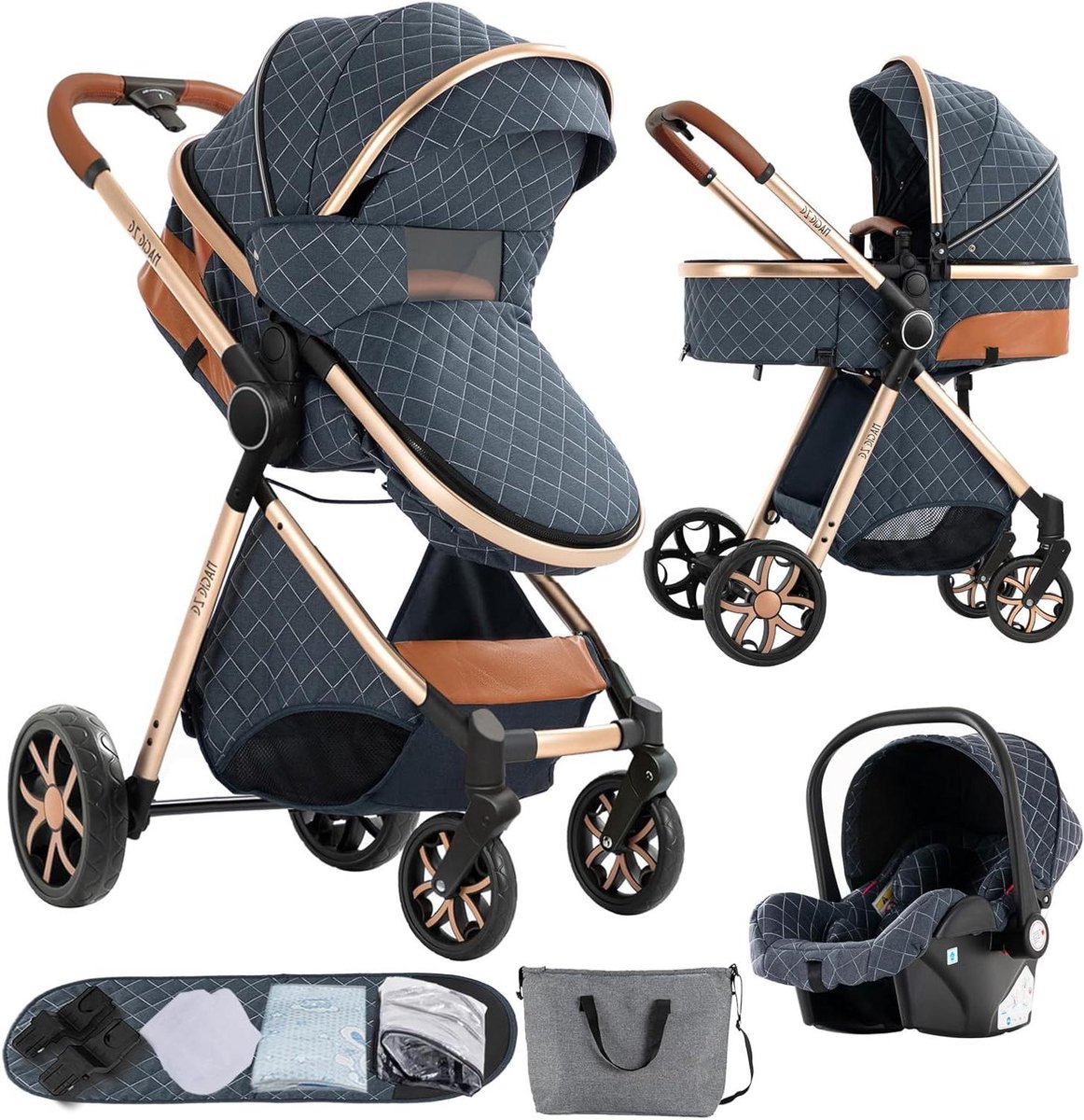 3-in-1 Kinderwagen - Reiswieg Kinderwagen - Baby Vervoeren - Dubbele Duwmodus - 83 x 62 x 106 cm - Denim Blauw Driewieler kopen online
