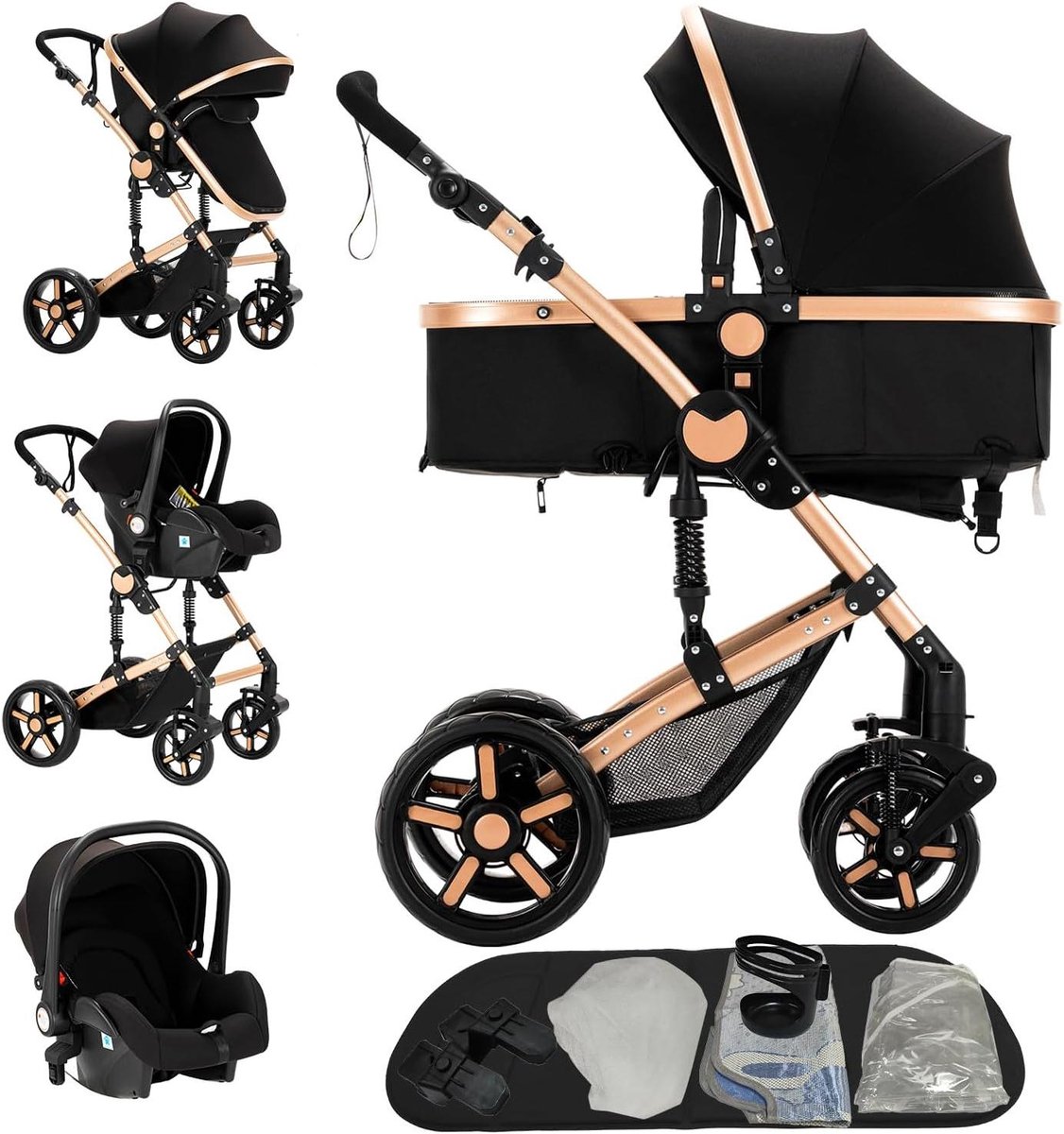 3-in-1 Kinderwagen - Reiswieg Set - Baby Vervoer - Omkeerbare Duwstanden - 105 cm Hoog - Zwart Goud Kinderwagen kopen online