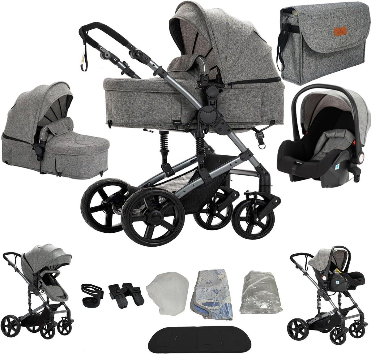 3-in-1 Kinderwagen - Trio Kinderwagen Pasgeborenen - Comfortabel Reizen Baby - Dubbele Duwmodus Verstelbaar - 4 Wielen - Grijs Driewieler kopen online