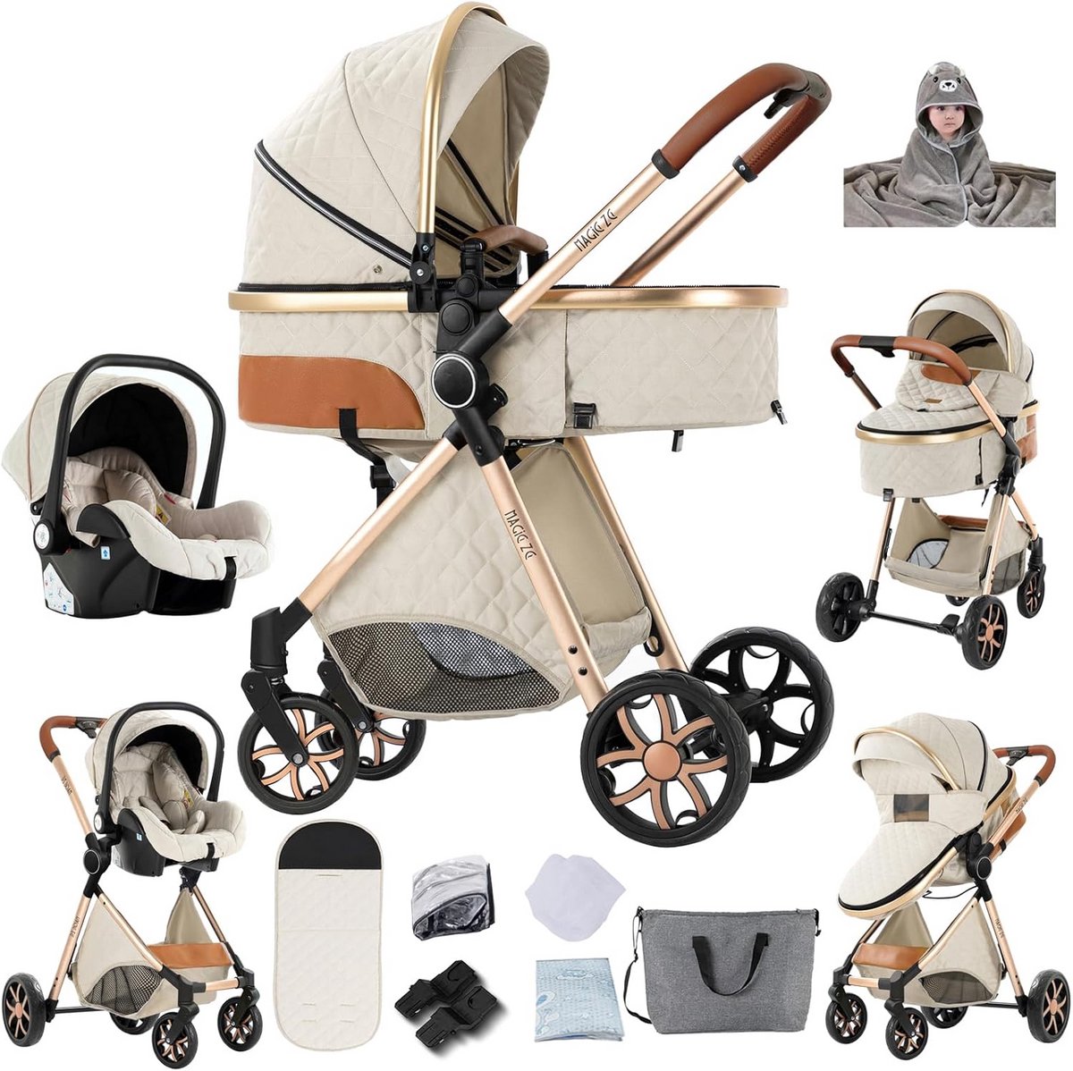 3-in-1 Opvouwbare Kinderwagen met Hoge Zichtbaarheid en Verstelbare Zitrichting Driewieler kopen online