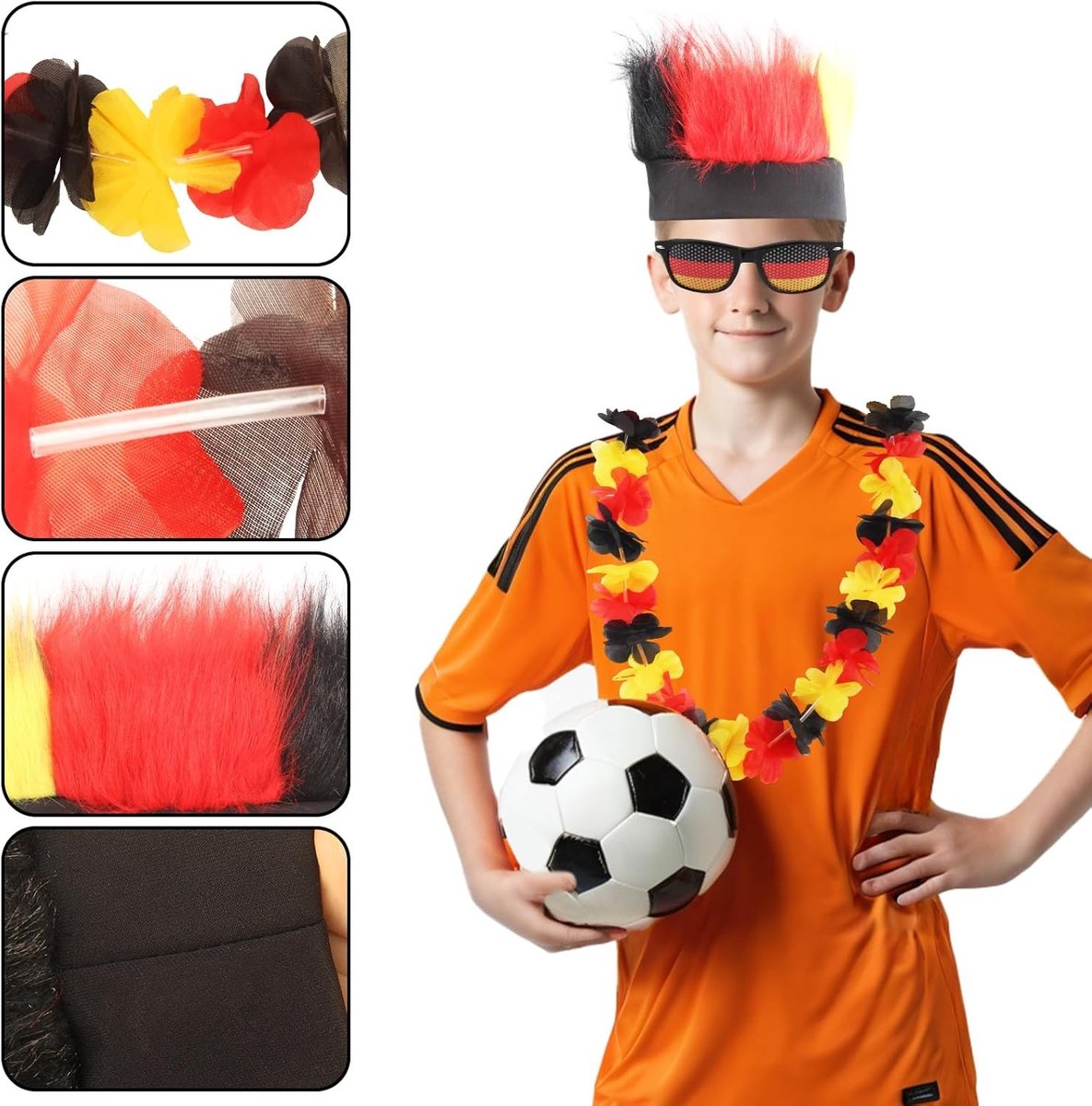 3 Stuks Duitse Fanartikelen met Zonnebril, Pruik en Bloemenketting voor Carnaval en WK Feestelijkheden Driewieler kopen online
