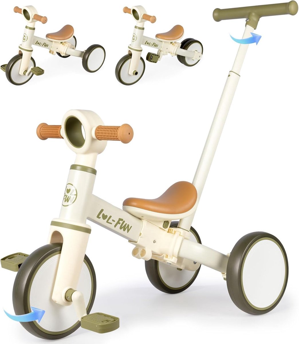 5 in 1 loopfiets voor kinderen kinderdriewieler met duwstang peuterfiets zonder pedalen balansfiets voor jongens en meisjes vanaf 1 jaar stevig carbonstalen frame olijfgroen