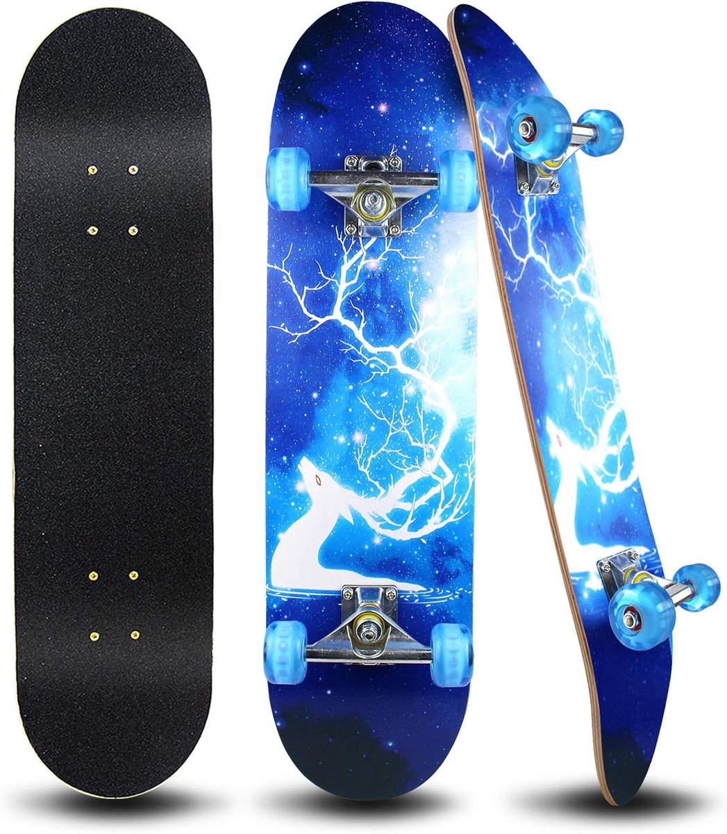 Compleet Skateboard - Cruiser Board - Beginner Skate - Kleurrijke Lichtwielen - 31x8 Inch - Blauw Skateonderdeel kopen online
