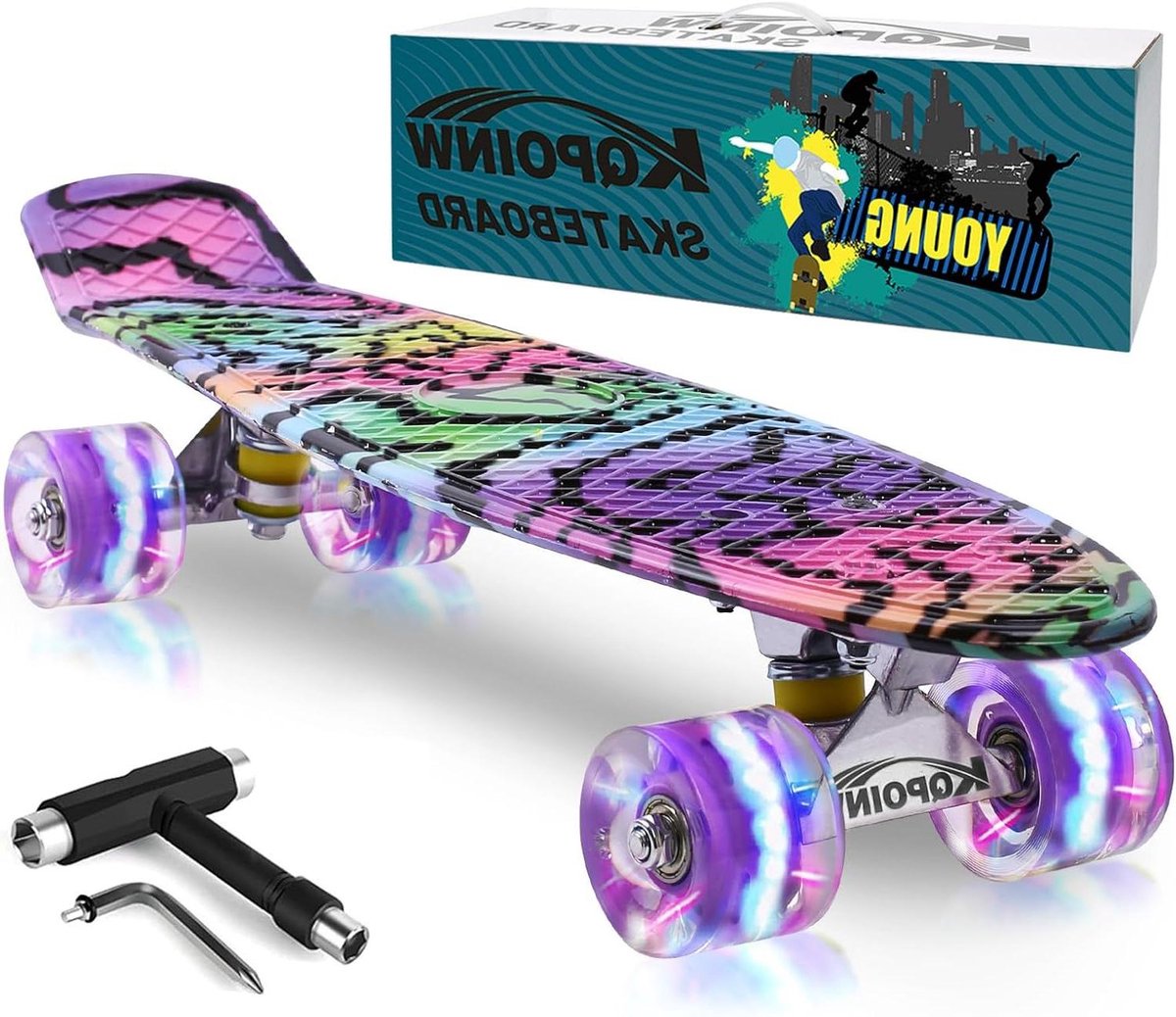 Compleet Skateboard - Mini Cruiser - Buiten Rijden - Knipperende Wielen - 55 cm - Paarse Sterren Skateonderdeel kopen online