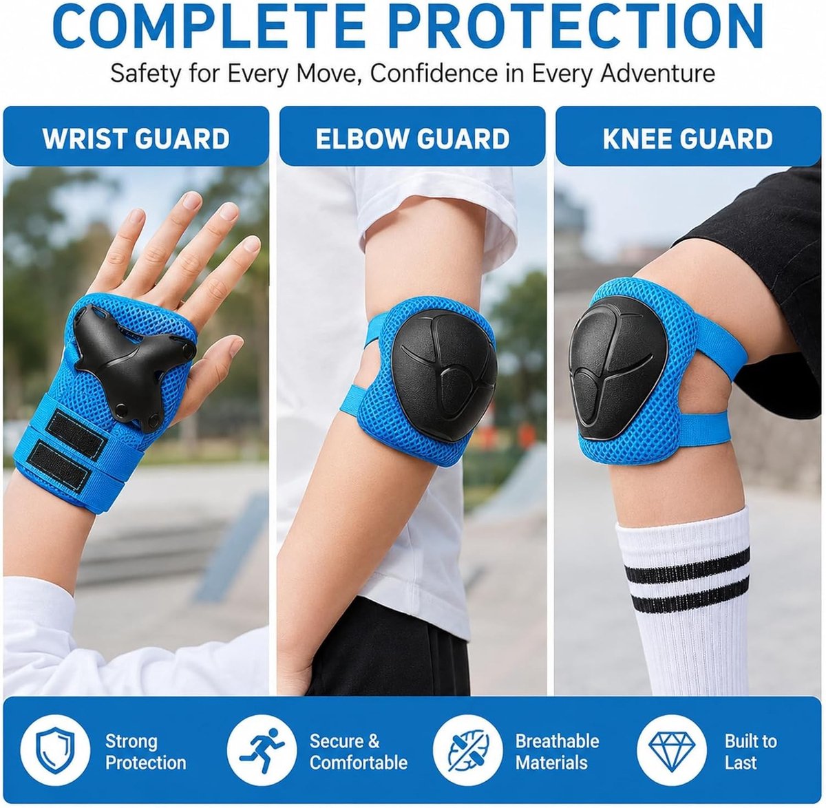 complete skate beschermset met 6 stuks kniebeschermers elleboogbeschermers en polsbeschermers voor inline skaten skateboarden en steppen verstelbare bescherming in blauw