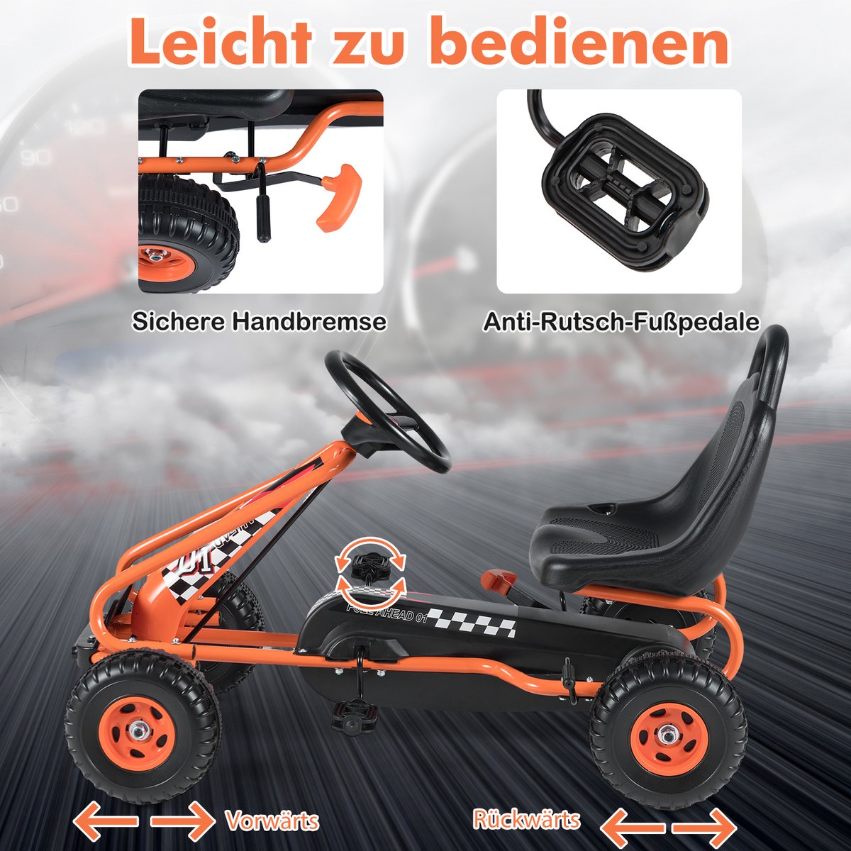COSTWAY Gokart met verstelbare zitting, Go Kart met handrem, trapauto tot 30 kg belastbaar, Pedal Go Cart, trapvoertuig, pedaalvoertuig, kindervoertuig voor kinderen vanaf 3 jaar (Oranje) Trapauto kopen online