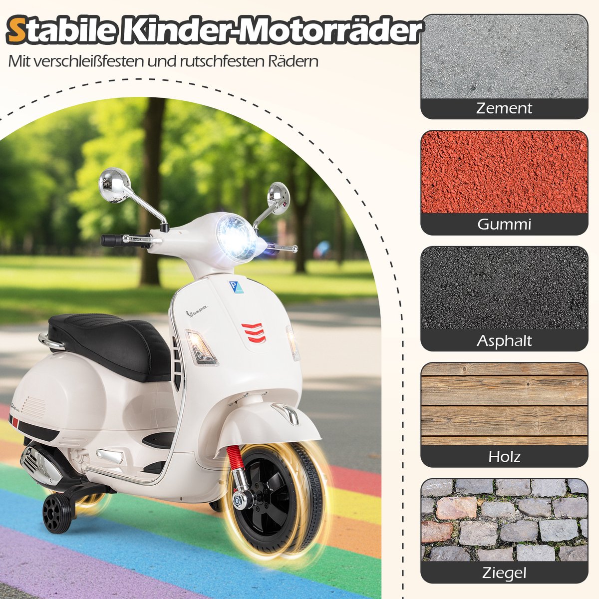 costway vespa elektrische kindermotorfiets 12 v met led koplamp en claxon 2 3 km u elektrische kindermotorfiets met steunwielen voor jongens en meisjes van 3 tot 6 jaar wit