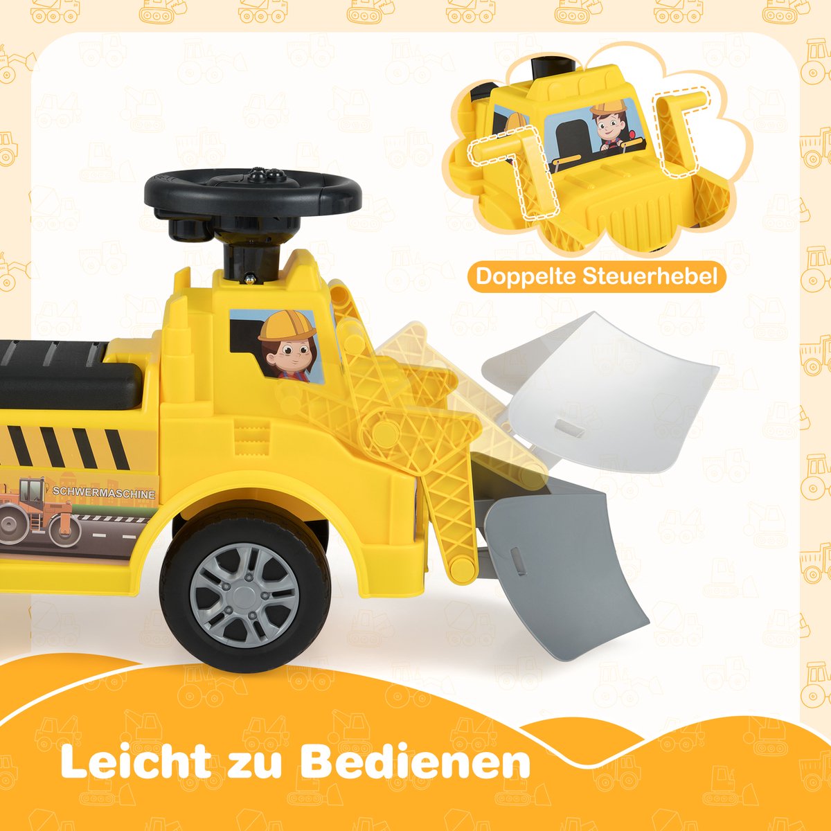 COSTWAY Zitgraafmachine met stofpan en afneembare aanhanger, kindergraafmachine met opbergruimte onder de stoel, claxon en muziek, zitgraafmachine voor kinderen vanaf 1 jaar Loopfiets kopen online
