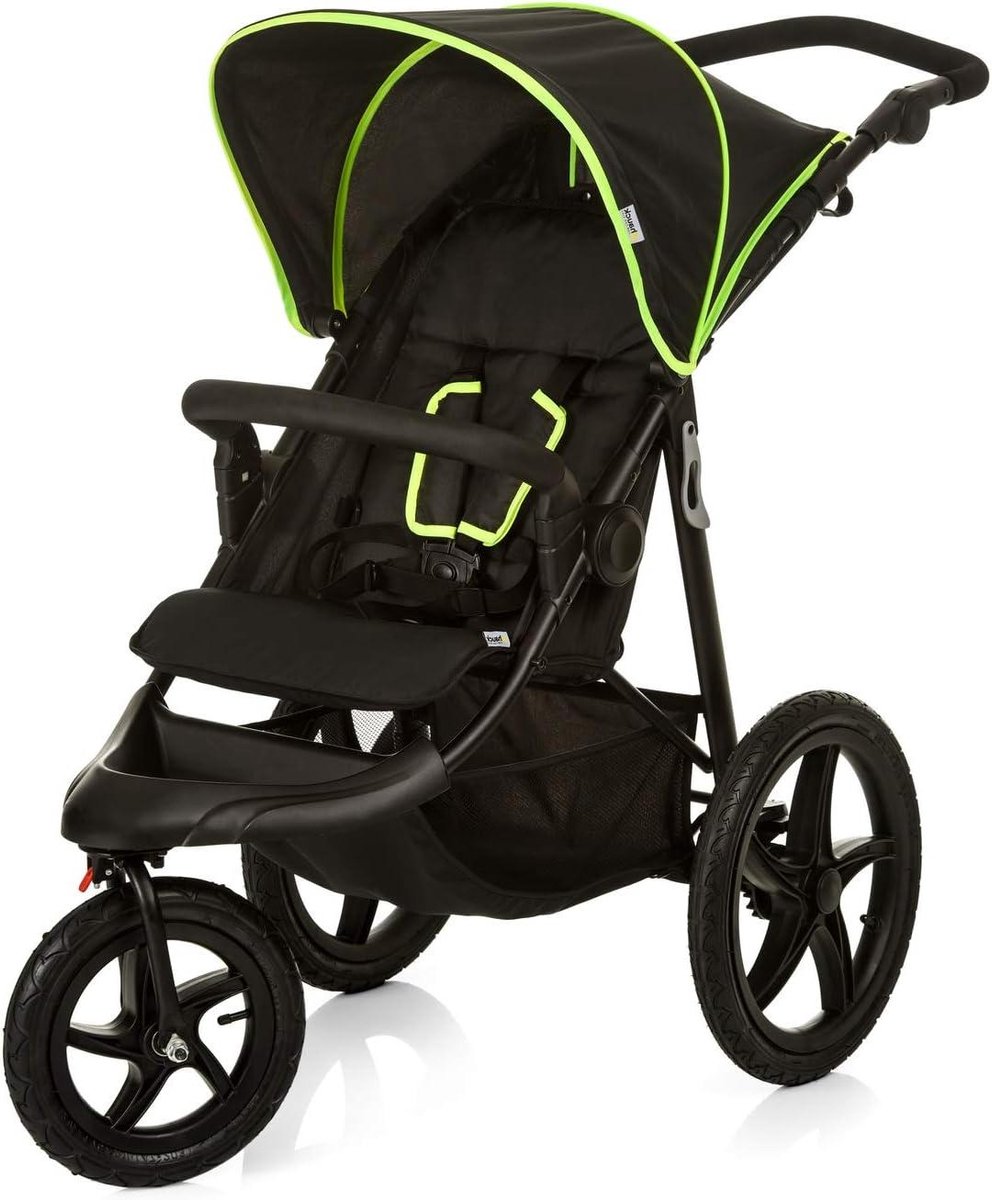 driewieler buggy kinderwagen buitenritten luchtwielen met vering tot 25 kg zwart neon geel