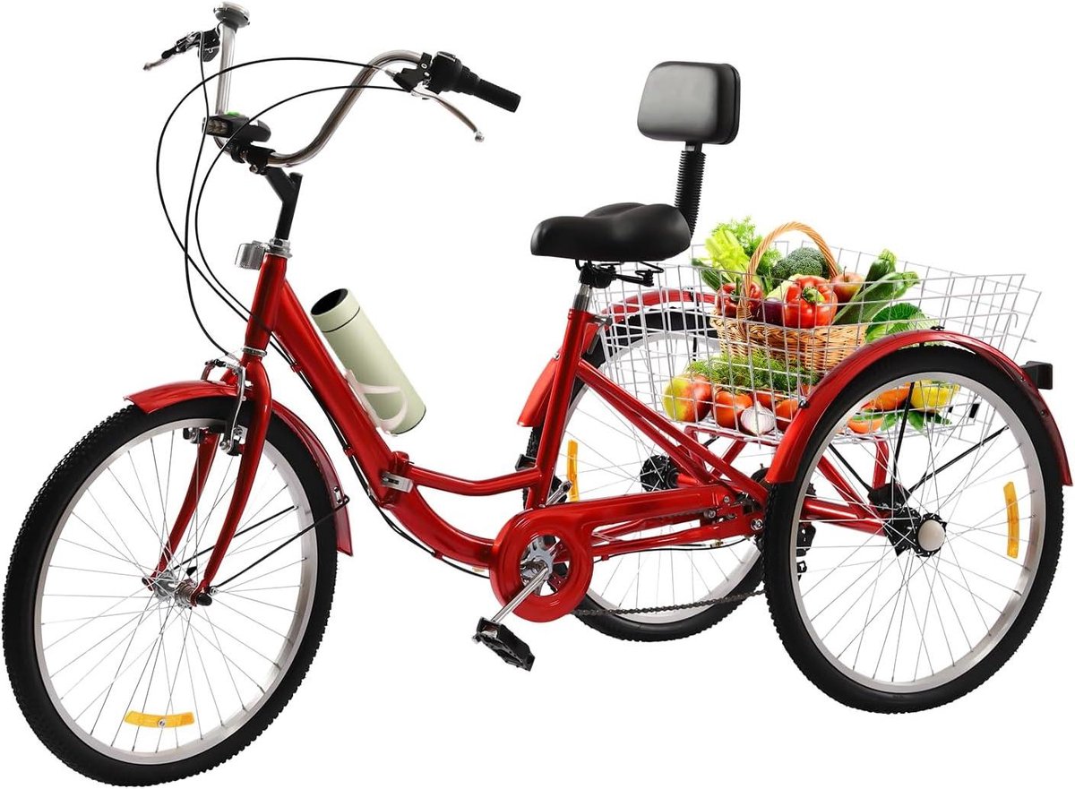 Driewieler Fiets - Opvouwbare Trike - Stad en Strand - Hoge Laadcapaciteit - 24 Inch Wielen - Rood Driewieler kopen online