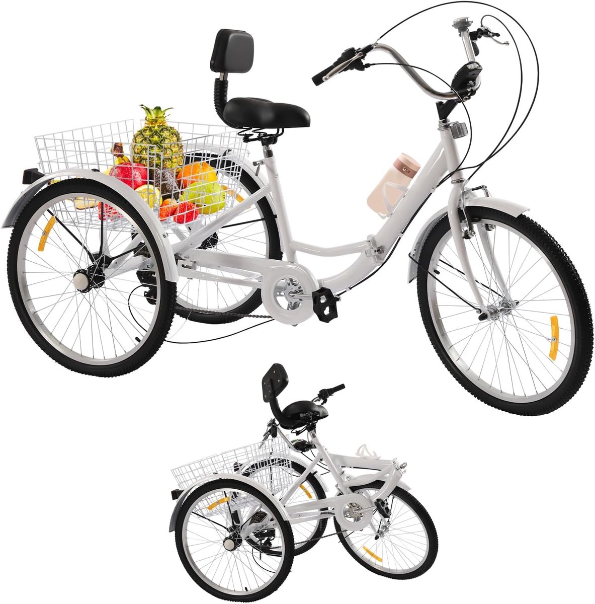 driewieler volwassenen comfortabele fiets boodschappen vervoeren 7 versnellingen 24 inch wielen wit