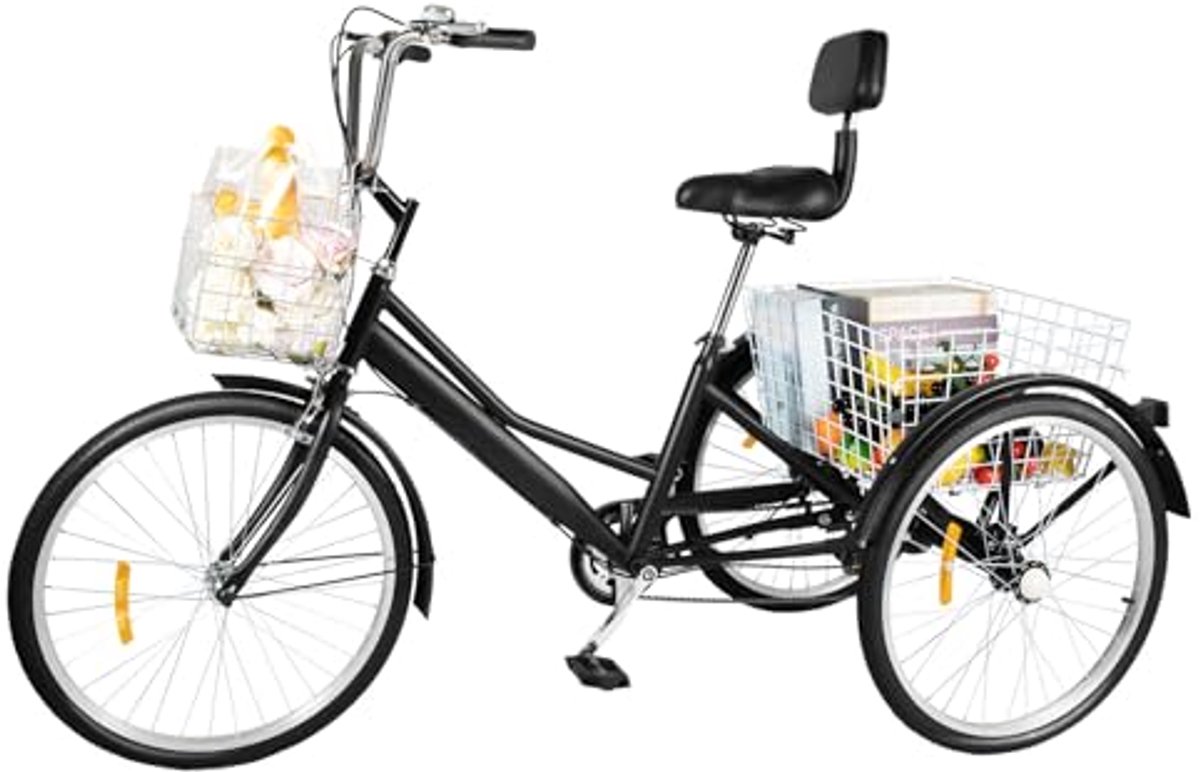 Driewieler Volwassenen - Stadsfiets - Comfortabel Boodschappen - Inclusief Manden - 24 Inch Wielen - Zwart Driewieler kopen online