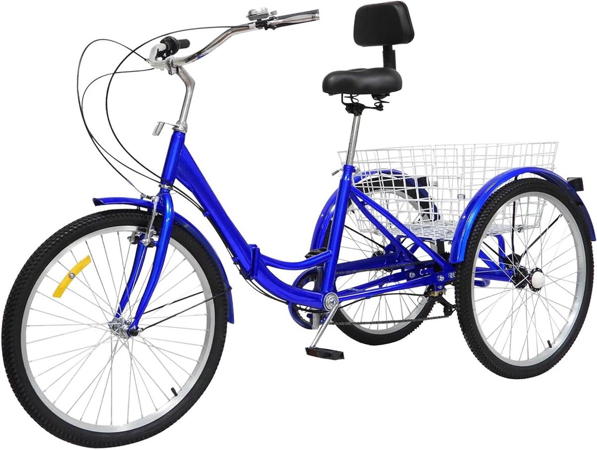 driewieler volwassenen stadsfiets opvouwbaar comfortabel fietsen grote laadmand 24 inch wielmaat blauw